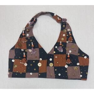 Zara Stunning Embellished Contrast Beads Crop Halter Top Waistcoat Size XL